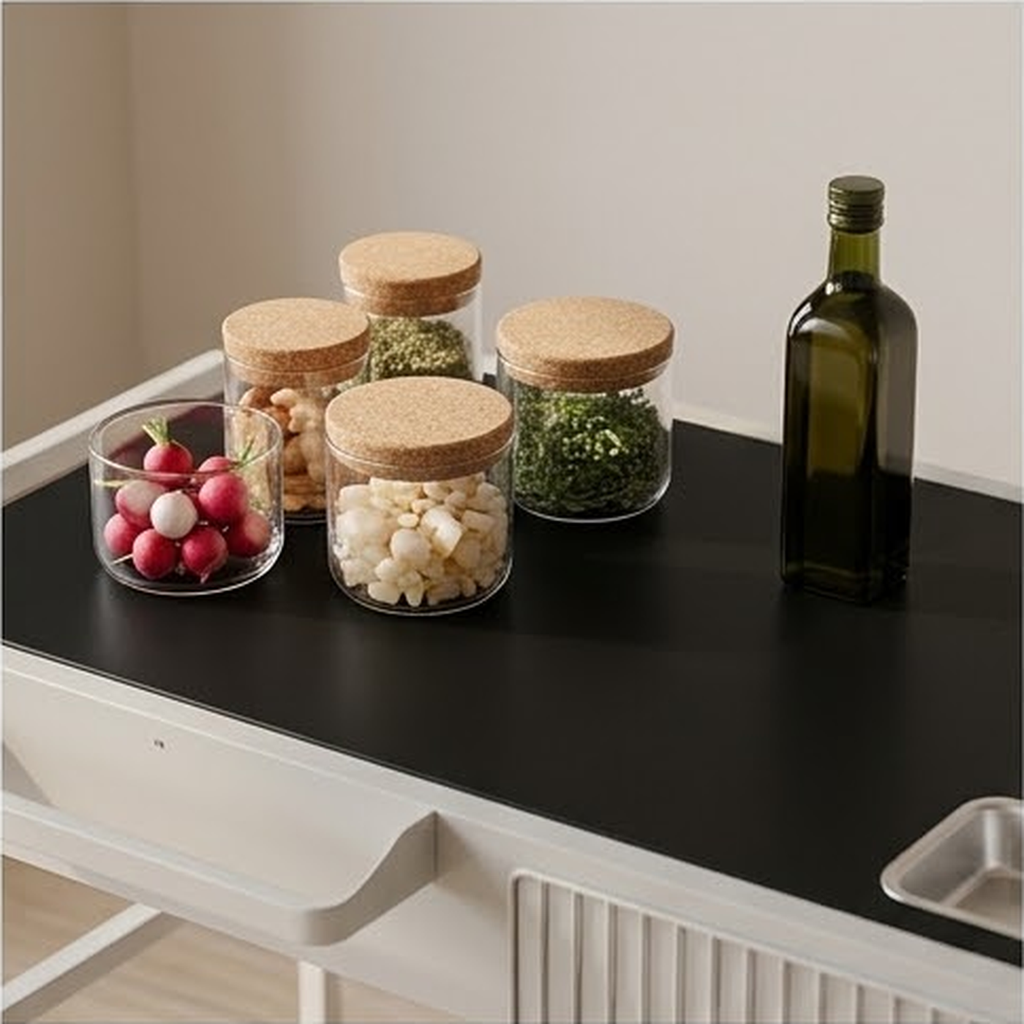 Close view of the black work surface with storage jars, an oil bottle and the raised lip tray at one end