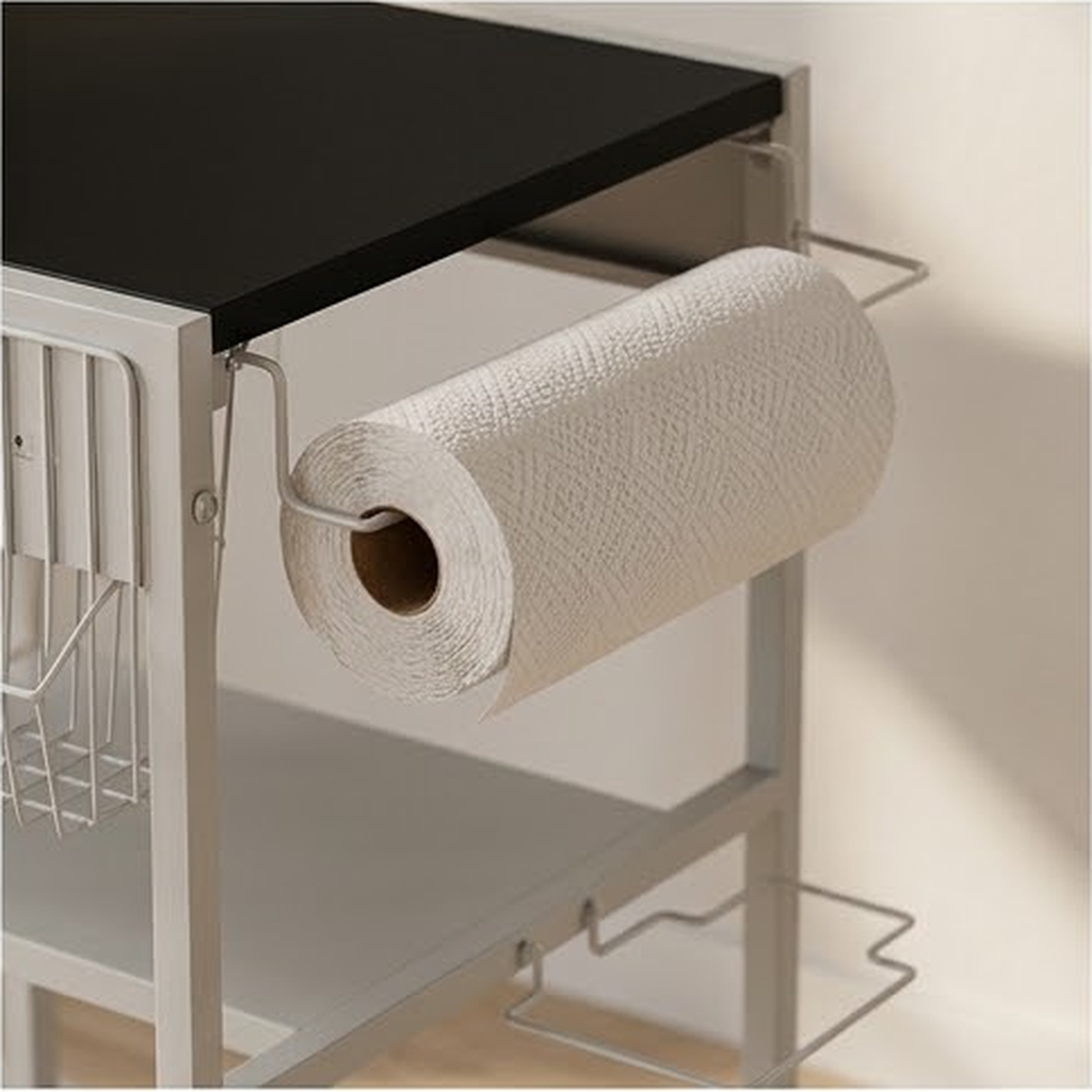 Close view of the side mounted paper towel holder and the hook rail under the work surface