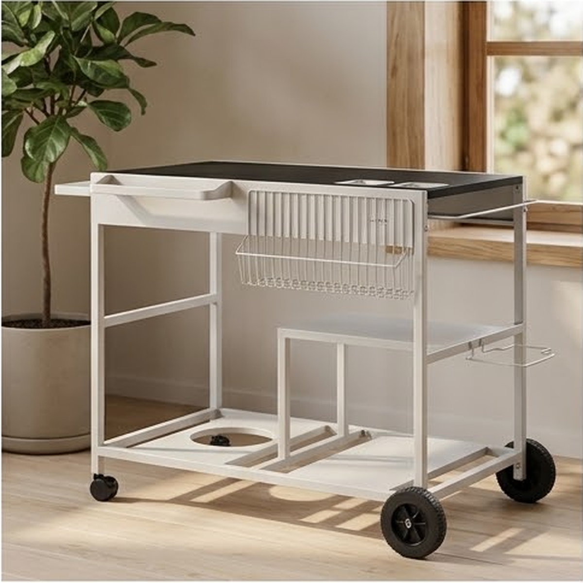 The cart shown empty beside a window and a potted fiddle leaf fig, showing the full frame and wheels