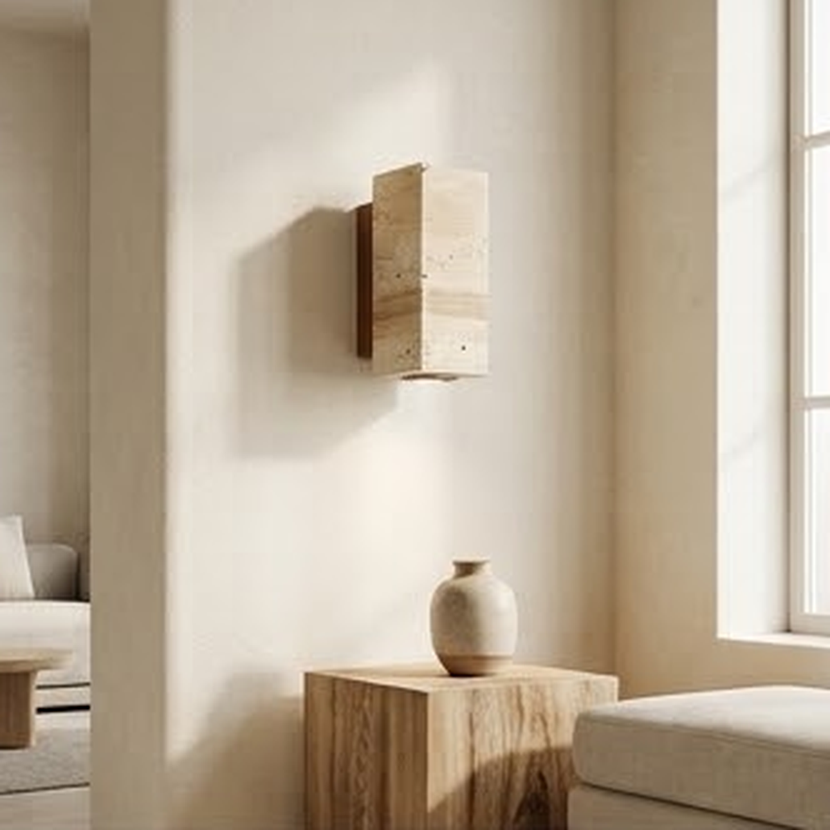 Square travertine wall sconce on a walnut base lit in a pale living room beside a wood side table