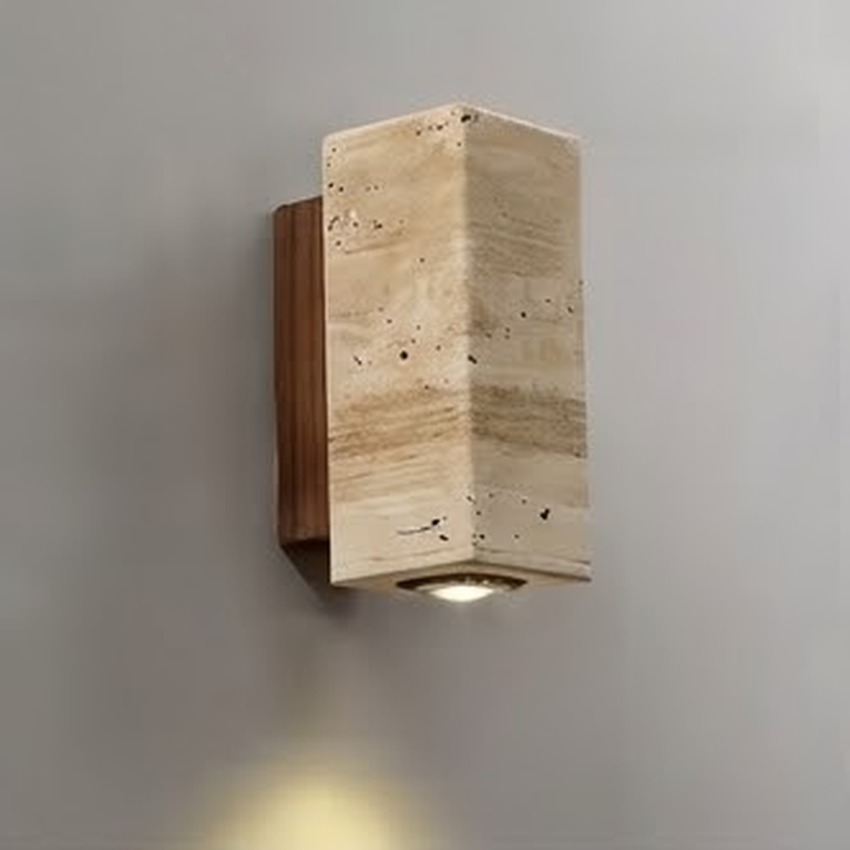 Close view of the square travertine shade and walnut mount showing the natural stone veining