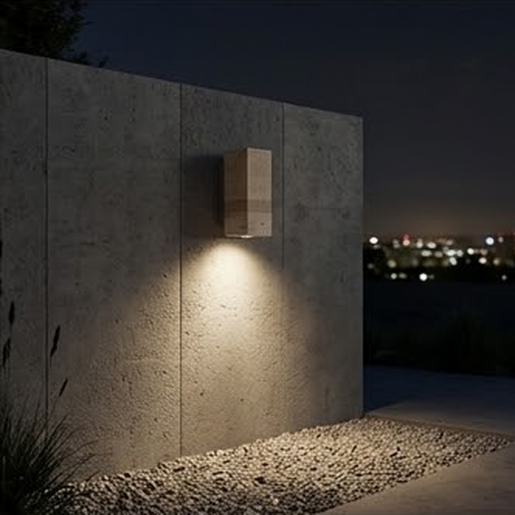 Square travertine sconce on a concrete wall at dusk with city lights behind