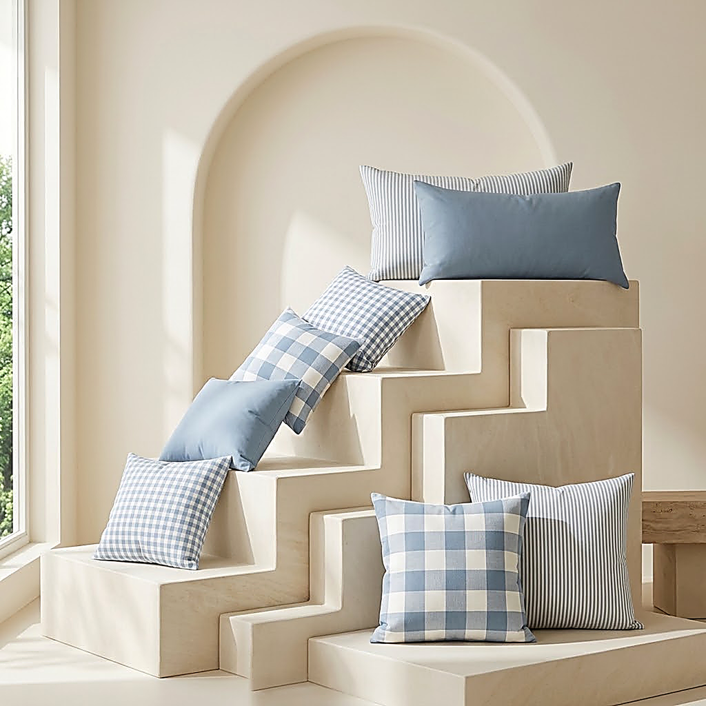 All four patterns in both shapes arranged together on plaster steps: stripe, buffalo check, gingham and solid, in square and lumbar. Each is sold singly, cover only