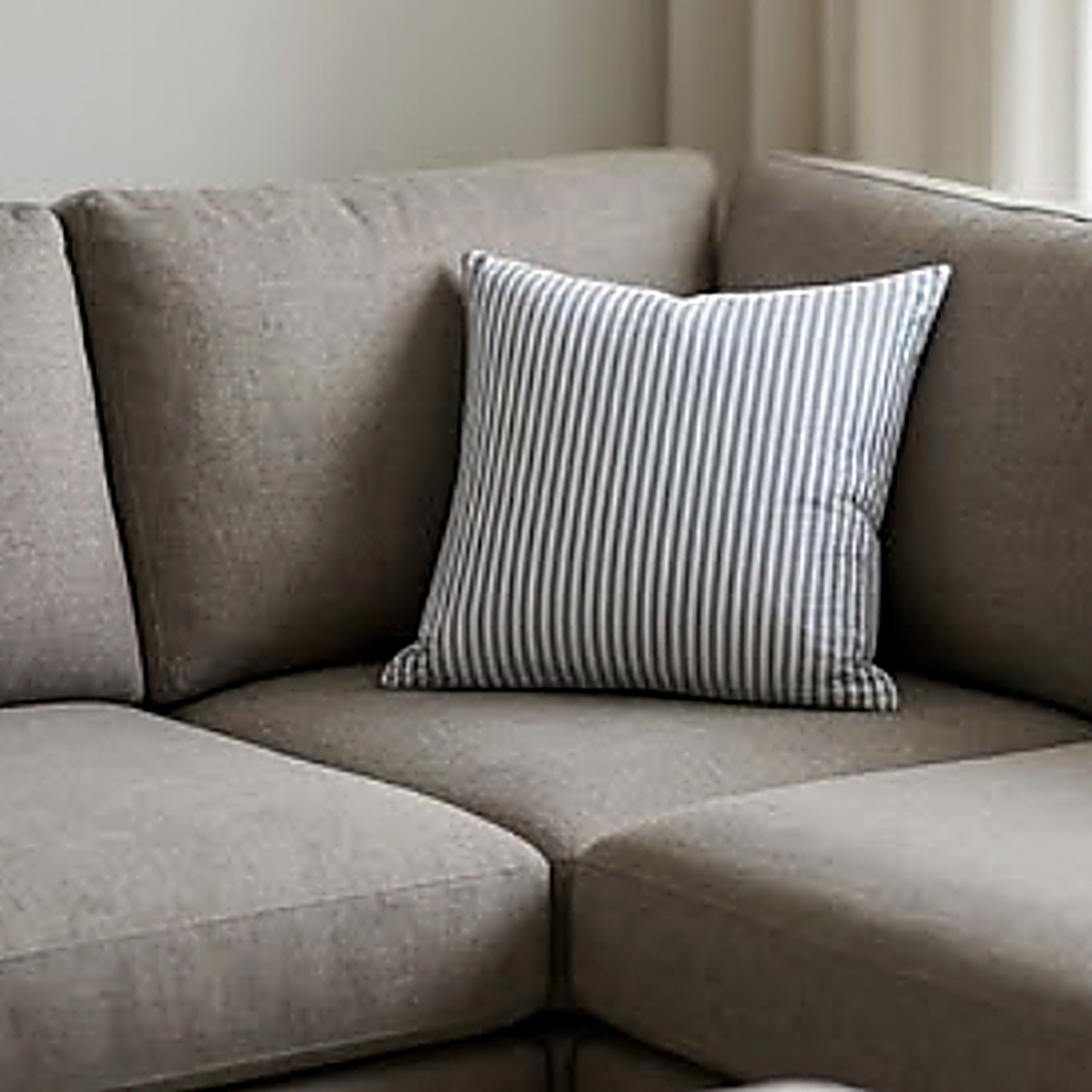 The Stripe pattern, a fine blue ticking stripe on cream, as a 45 cm square cushion on a grey sofa. Cover only, insert not included