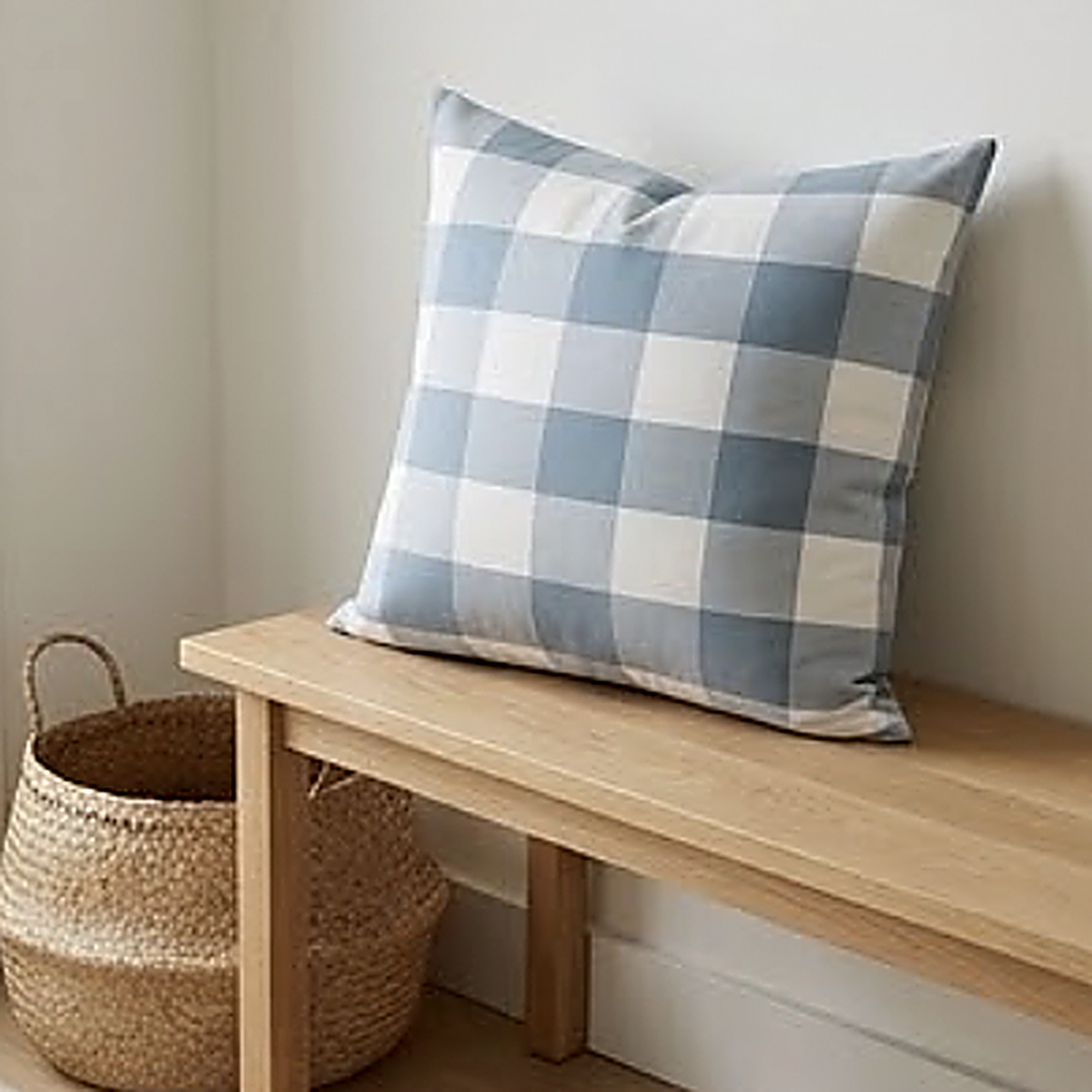 The Buffalo Check pattern as a 45 cm square cushion on an oak bench beside a woven basket. Cover only
