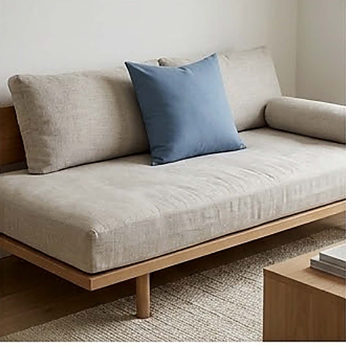 The Solid pattern, plain washed blue with no pattern, as a 45 cm square cushion on a linen daybed. Cover only