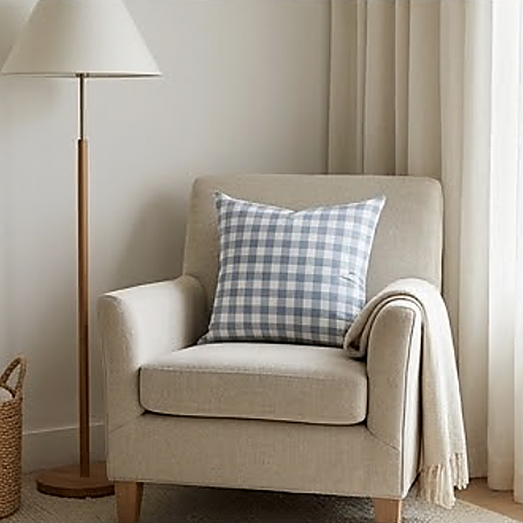The Gingham pattern, a fine blue check, as a 45 cm square cushion on a cream armchair beside a floor lamp. Cover only