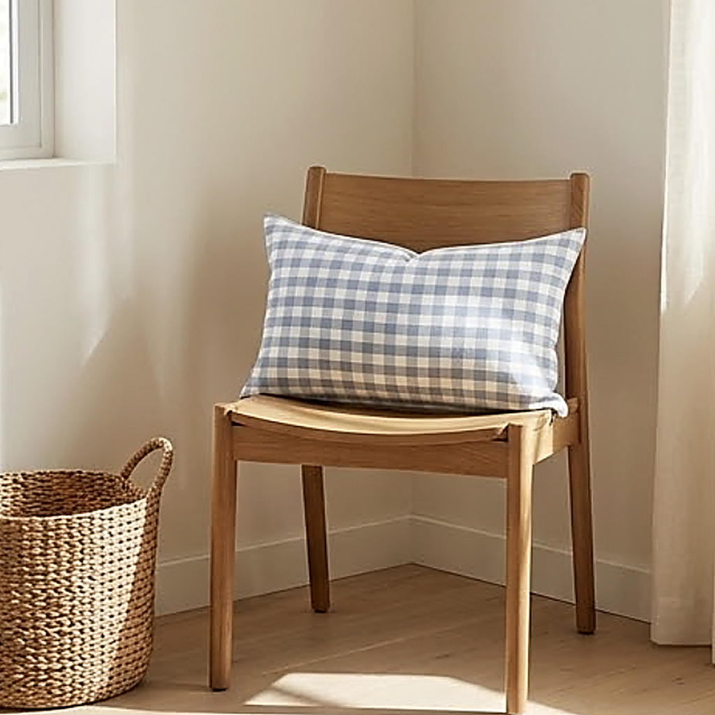 The Gingham pattern as a 30 x 50 cm lumbar cushion on an oak dining chair in a sunlit corner. Cover only
