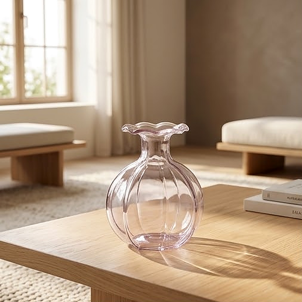 The pink glass vase standing empty on an oak coffee table beside a stack of books, catching window light