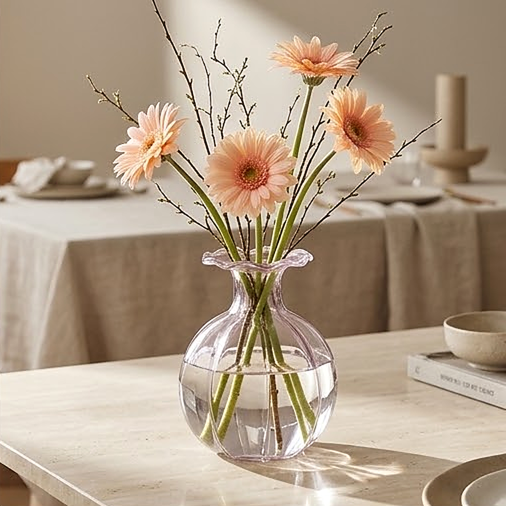 Pale pink fluted glass vase with a ruffled rim, holding peach gerberas and budding branches on a travertine counter
