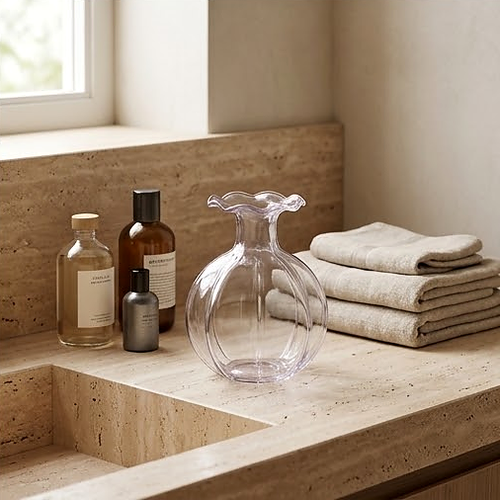 The pink glass vase on a travertine bathroom counter beside amber bottles and folded towels, reading almost clear in the light
