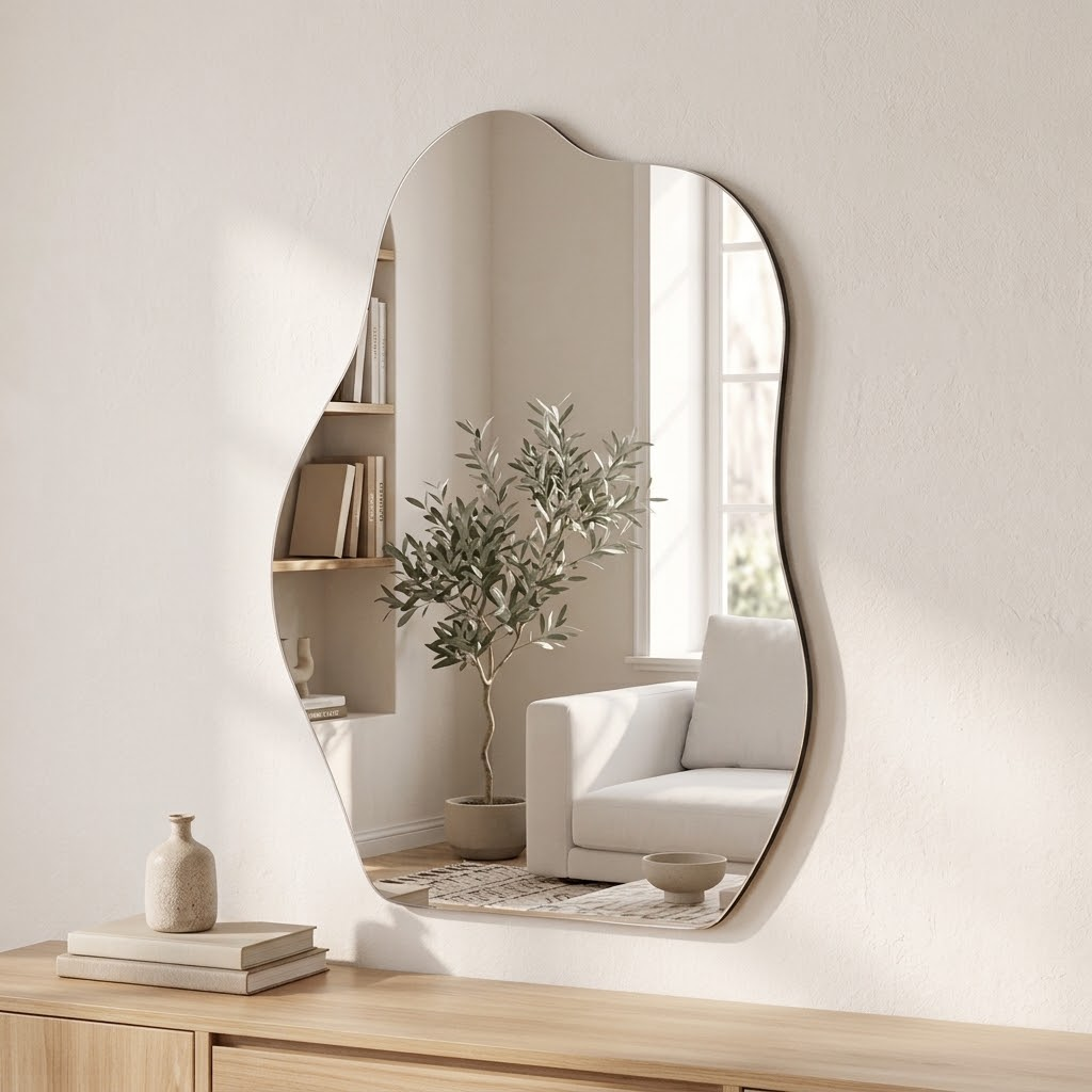 Irregular wavy wall mirror with a slim frame hung above a light oak console in a bright living room