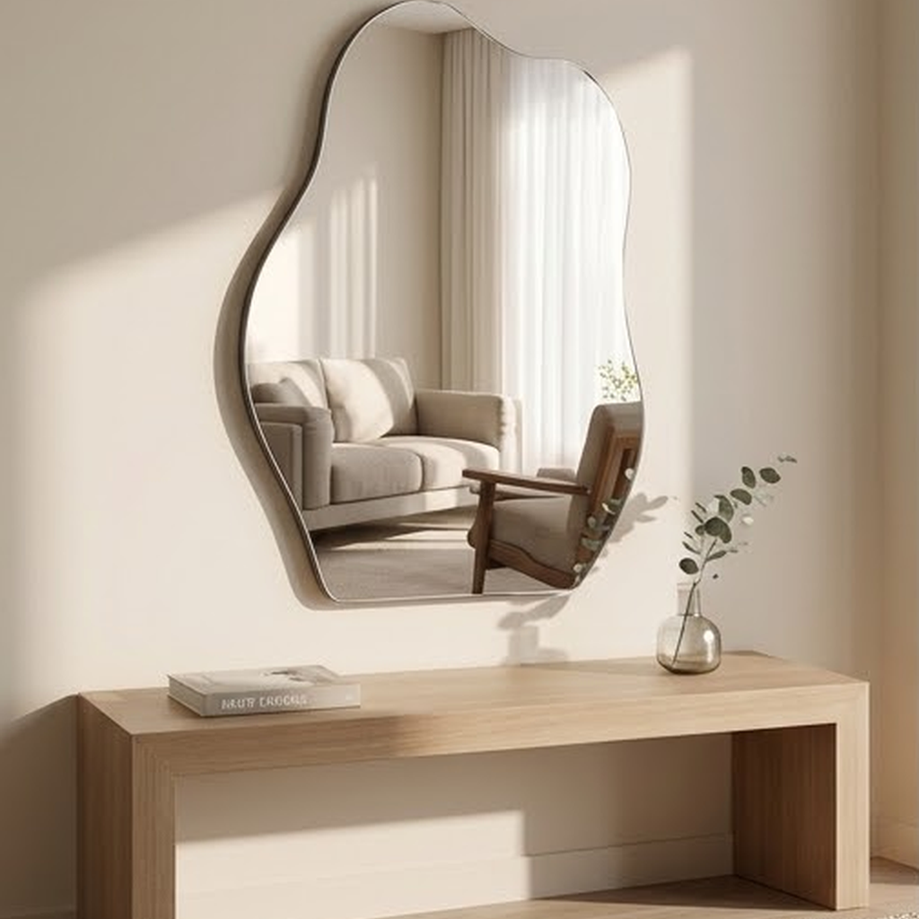 Irregular wall mirror above a narrow oak entryway bench with a small vase and books