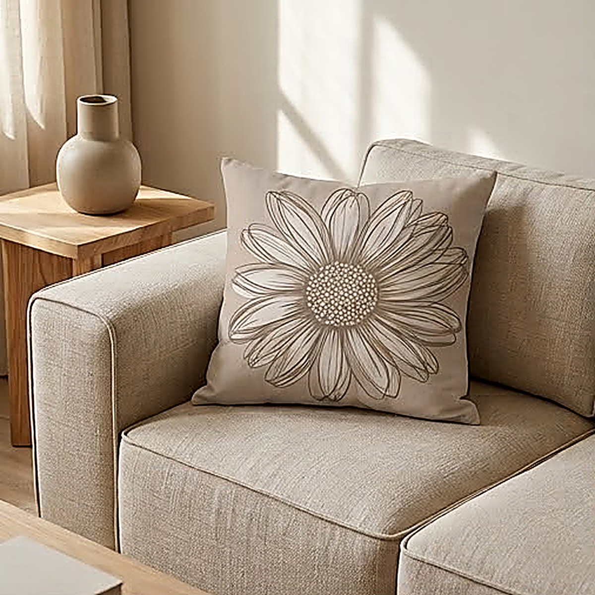 The Daisy pattern, one large outlined daisy in taupe on a warm ground, on a linen sofa. Cover only, insert not included