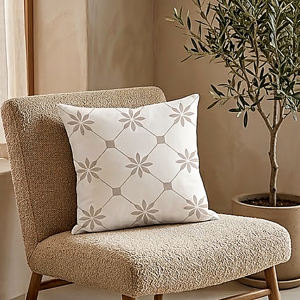 The Diamond pattern, small six petal flowers on a fine taupe lattice over white, on a boucle chair. Cover only