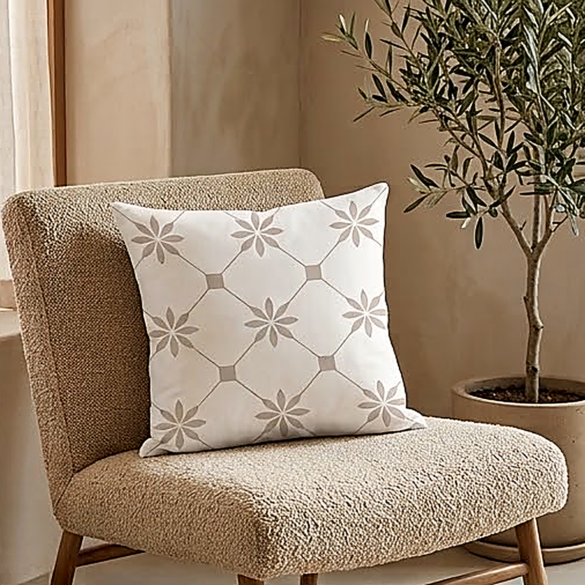 The Diamond pattern, small six petal flowers on a fine taupe lattice over white, on a boucle chair. Cover only
