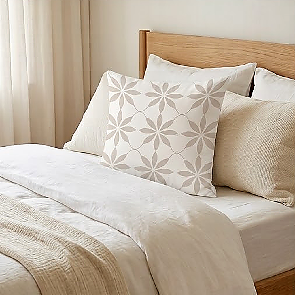 The Petal pattern, larger eight point flowers in an open grid, taupe on white, propped against bed pillows. Cover only