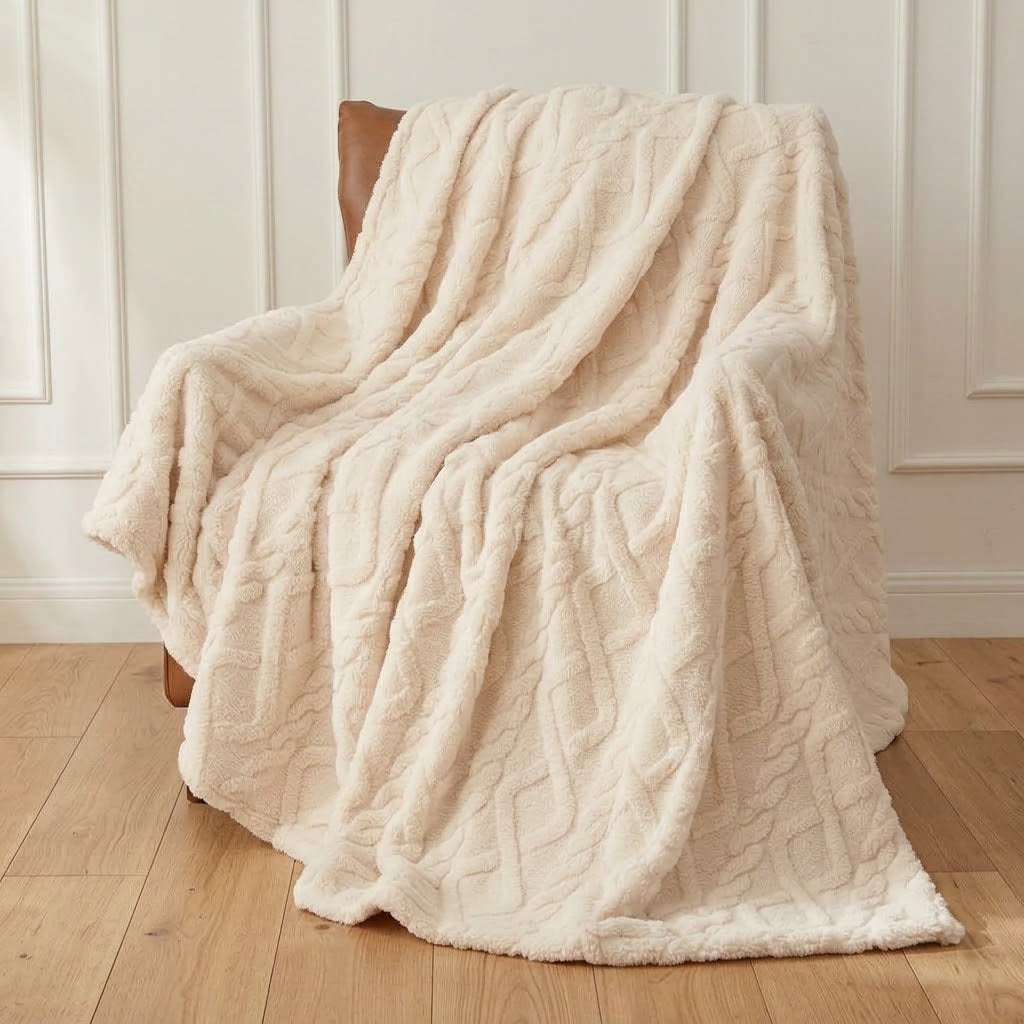 Cream cable faux fur throw in the king size covering a bed with a wicker headboard