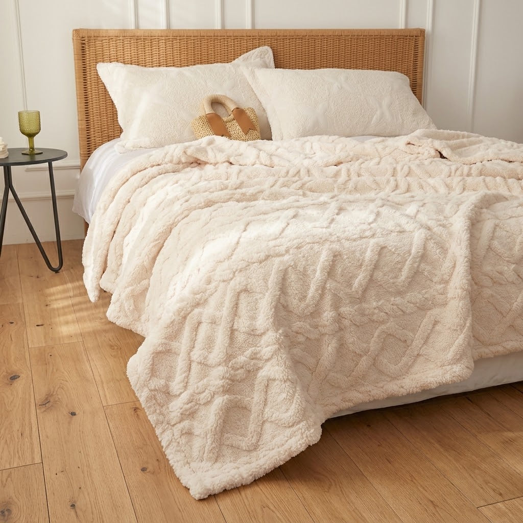 Cream cable faux fur throw draped over a leather chair on an oak floor