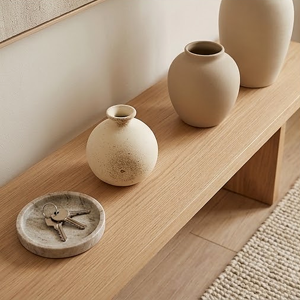 The speckled sphere vase on a slim oak entryway bench beside a marble key tray