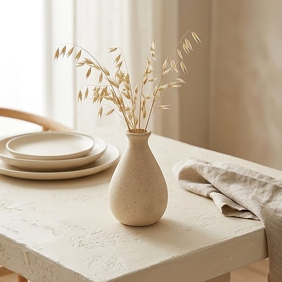 The speckled bottle shaped vase holding dried oat grasses on a pale table beside stacked plates