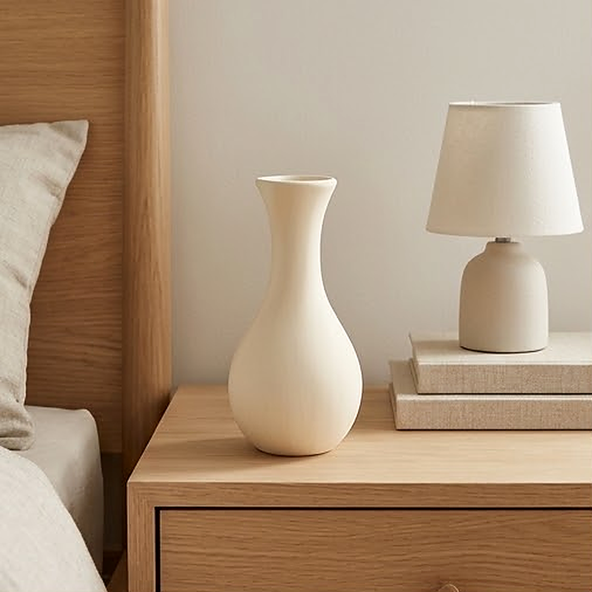 The tall flared oat vase on an oak nightstand next to a linen shade lamp and stacked books