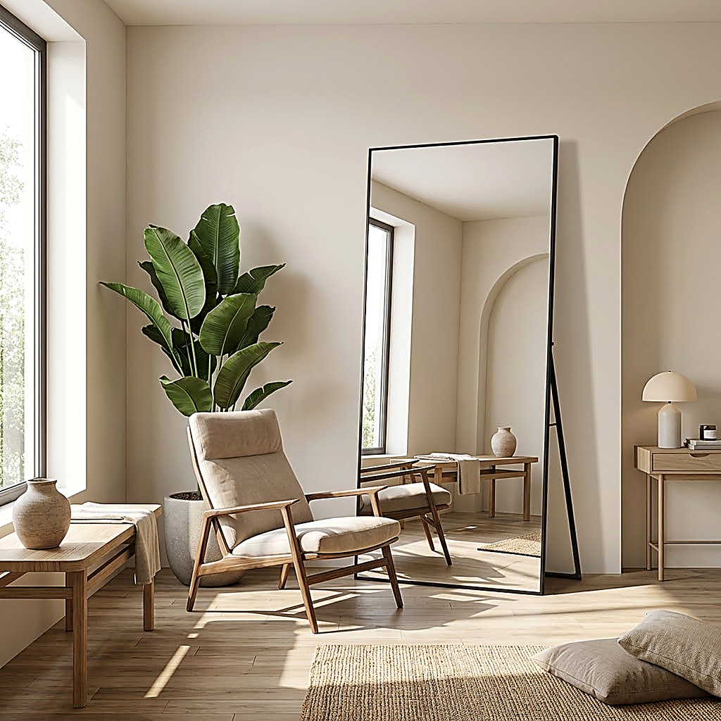 Sloane full length mirror, rectangle shape, black frame, leaning beside an armchair on its fold-out stand