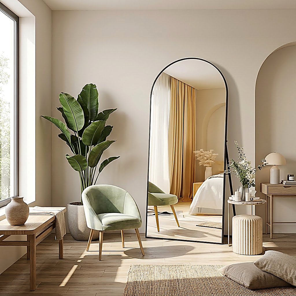 Sloane full length mirror, arched shape, black frame, leaning against a bedroom wall on its fold-out stand