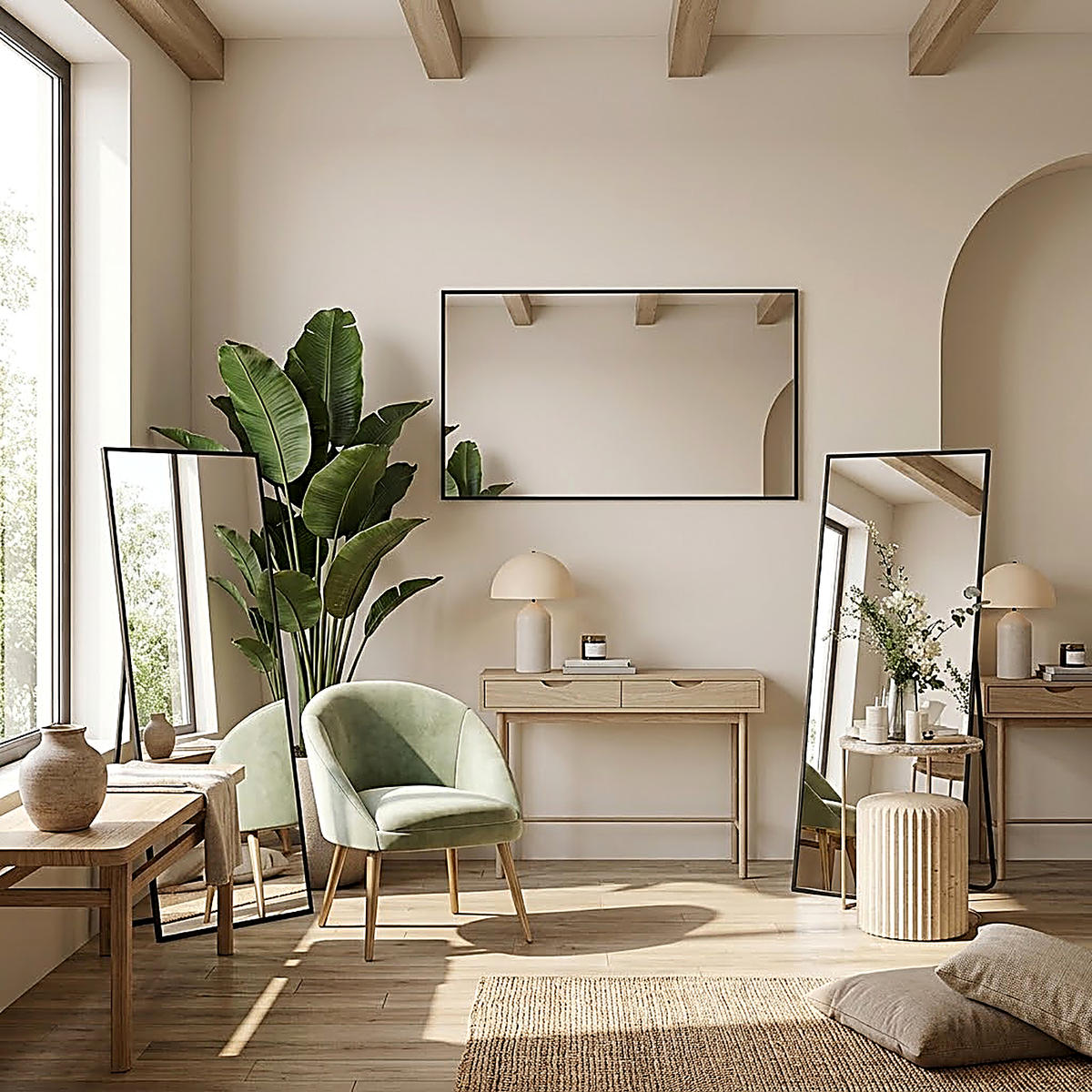 Three ways to use the Sloane mirror: leaning upright, hung vertically, and hung horizontally on the wall