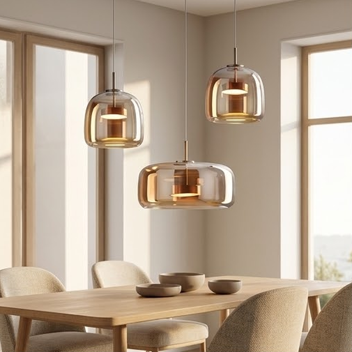 Three amber glass pendant lights hanging in a row over a pale oak dining table