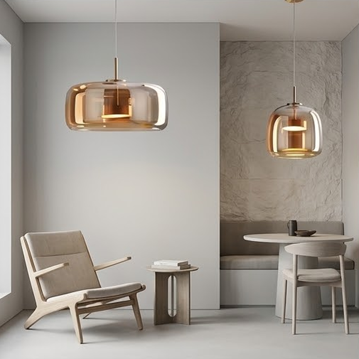 Amber glass pendants in a bright living space with a wood lounge chair
