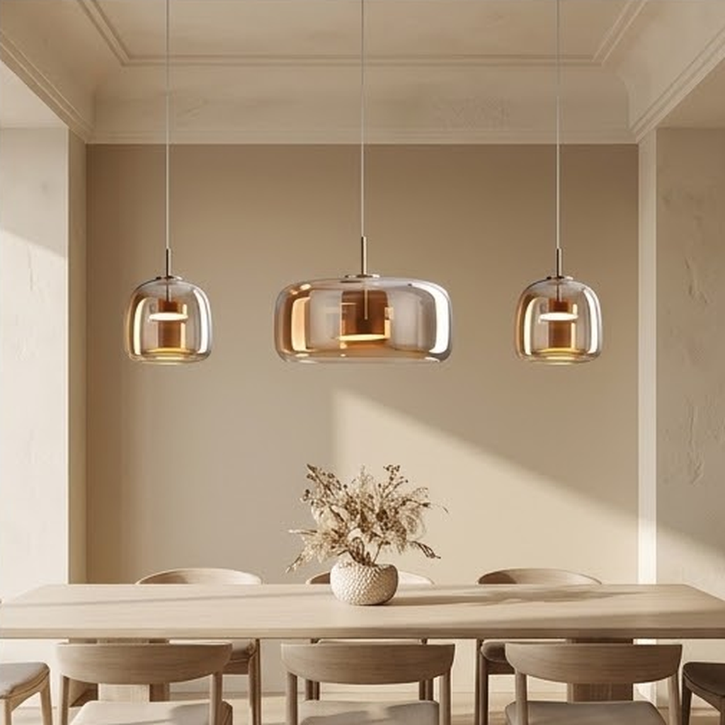 Row of three amber glass pendants over a long dining table in a warm neutral room