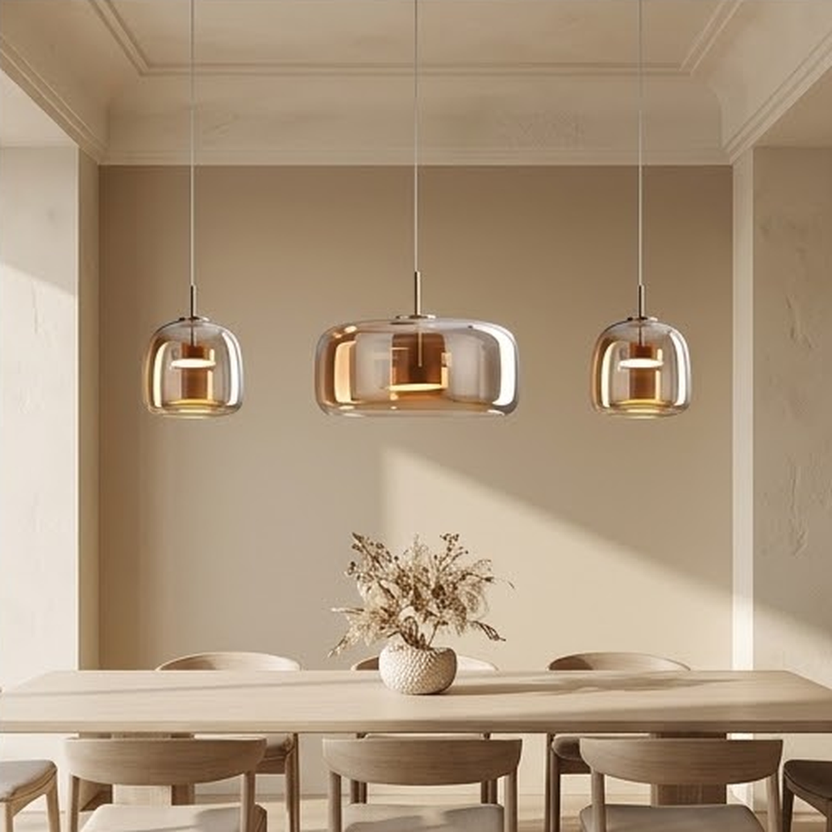 Row of three amber glass pendants over a long dining table in a warm neutral room