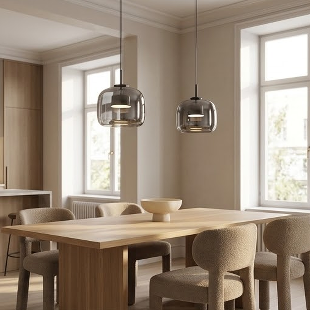 Two smoky gray glass pendants hanging over an oak dining table by a window