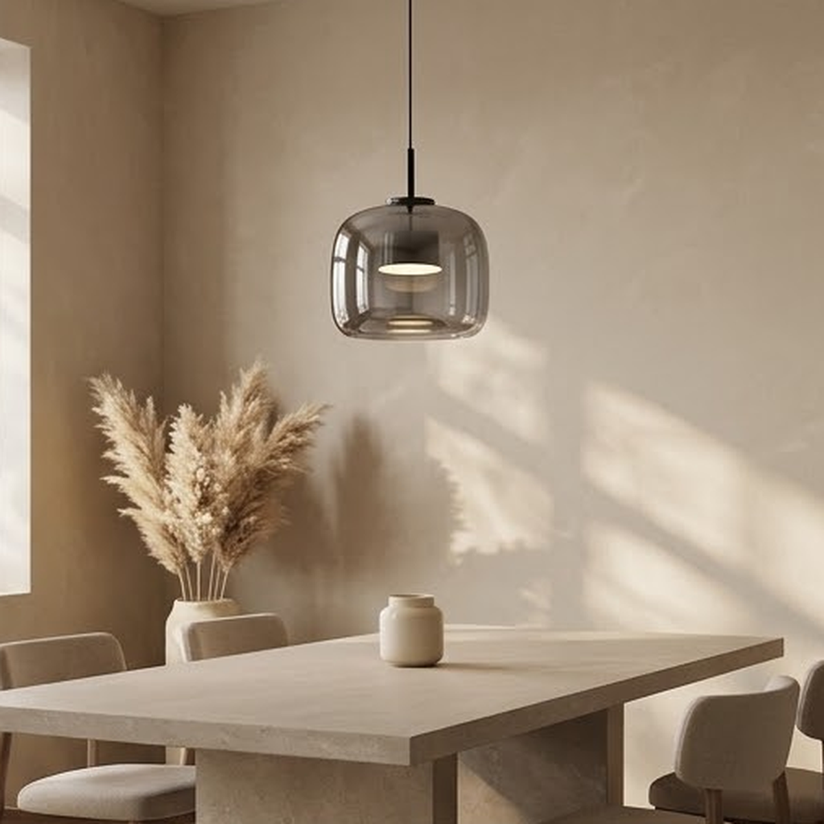 Single smoky gray glass pendant above a stone dining table against a plaster wall
