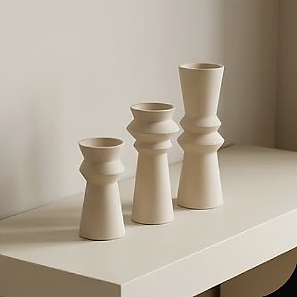 The same three sizes unlit on a plaster ledge, showing how the top narrows as the height increases