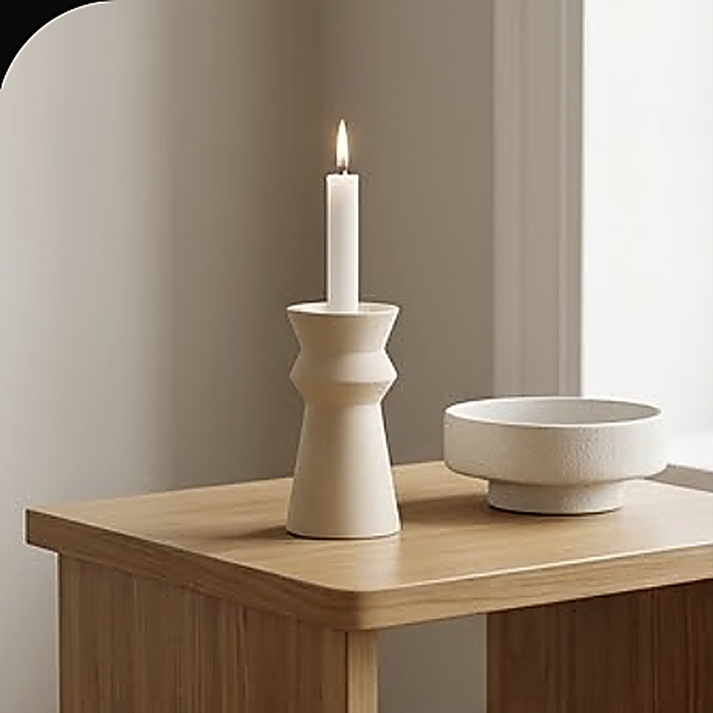 The candle holder lit on an oak side table beside a small ceramic bowl