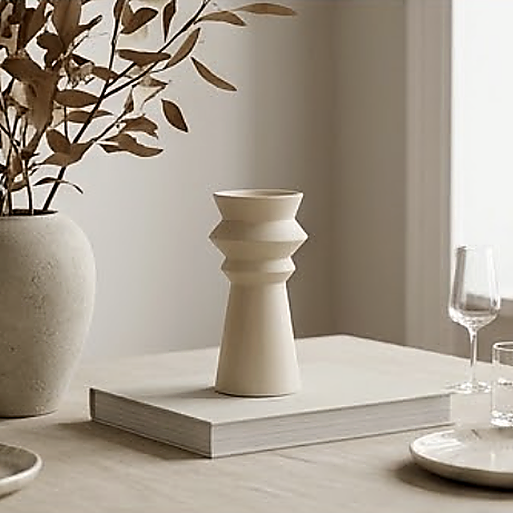 The candle holder standing on a stack of books, showing the stepped rings in raking light