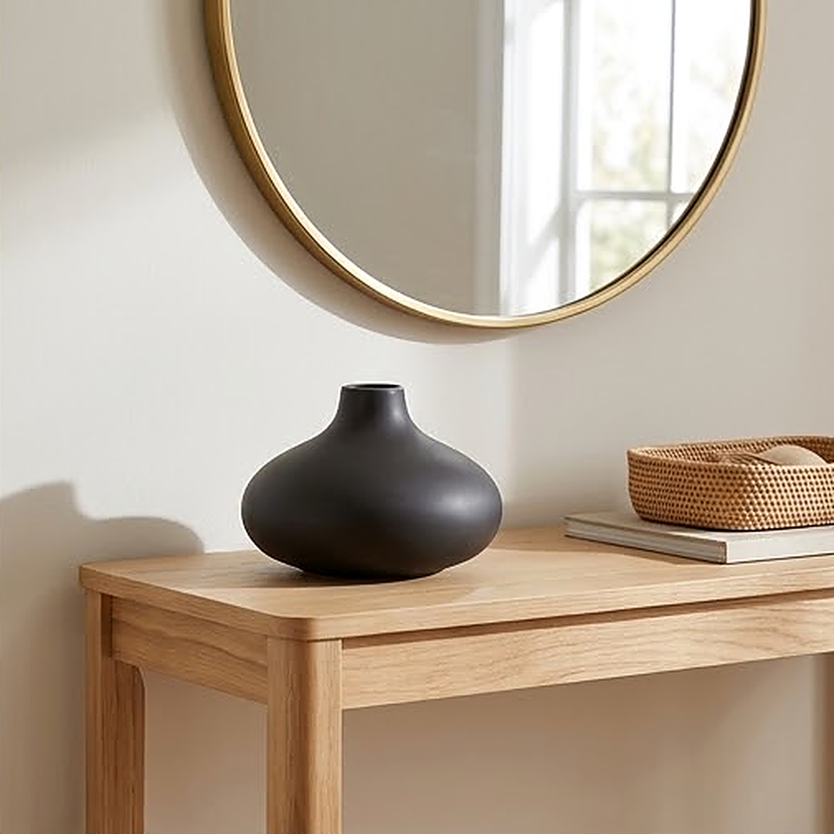 Matte black squat ceramic vase, 6 cm tall and wider than it is high, on an oak console beneath a round mirror