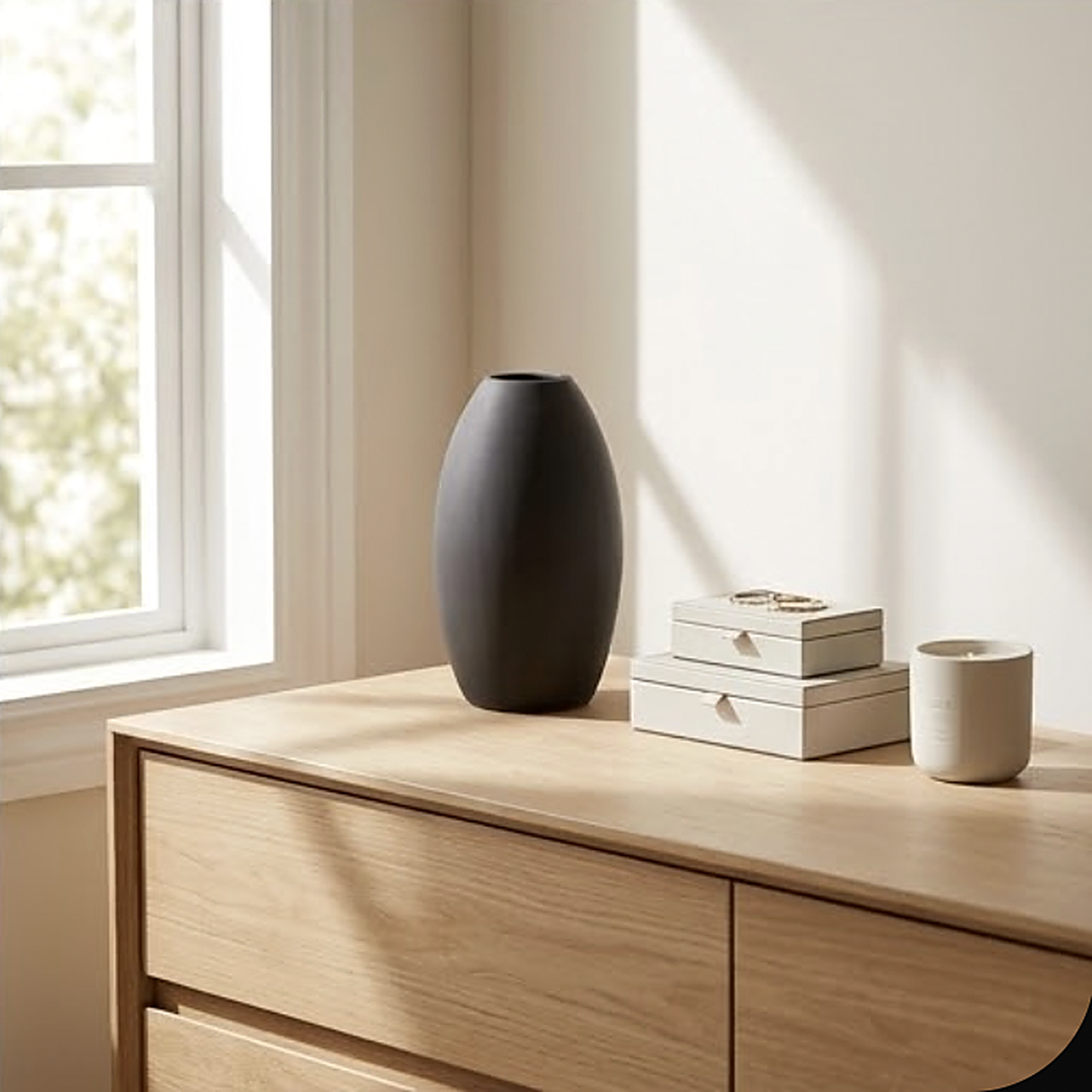 Matte black oval ceramic vase, 14.6 cm, standing empty on an oak sideboard in window light