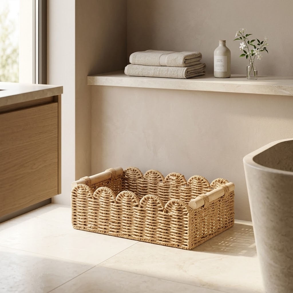 Scalloped edge woven storage basket with wooden handles on a stone bathroom floor beside a vanity