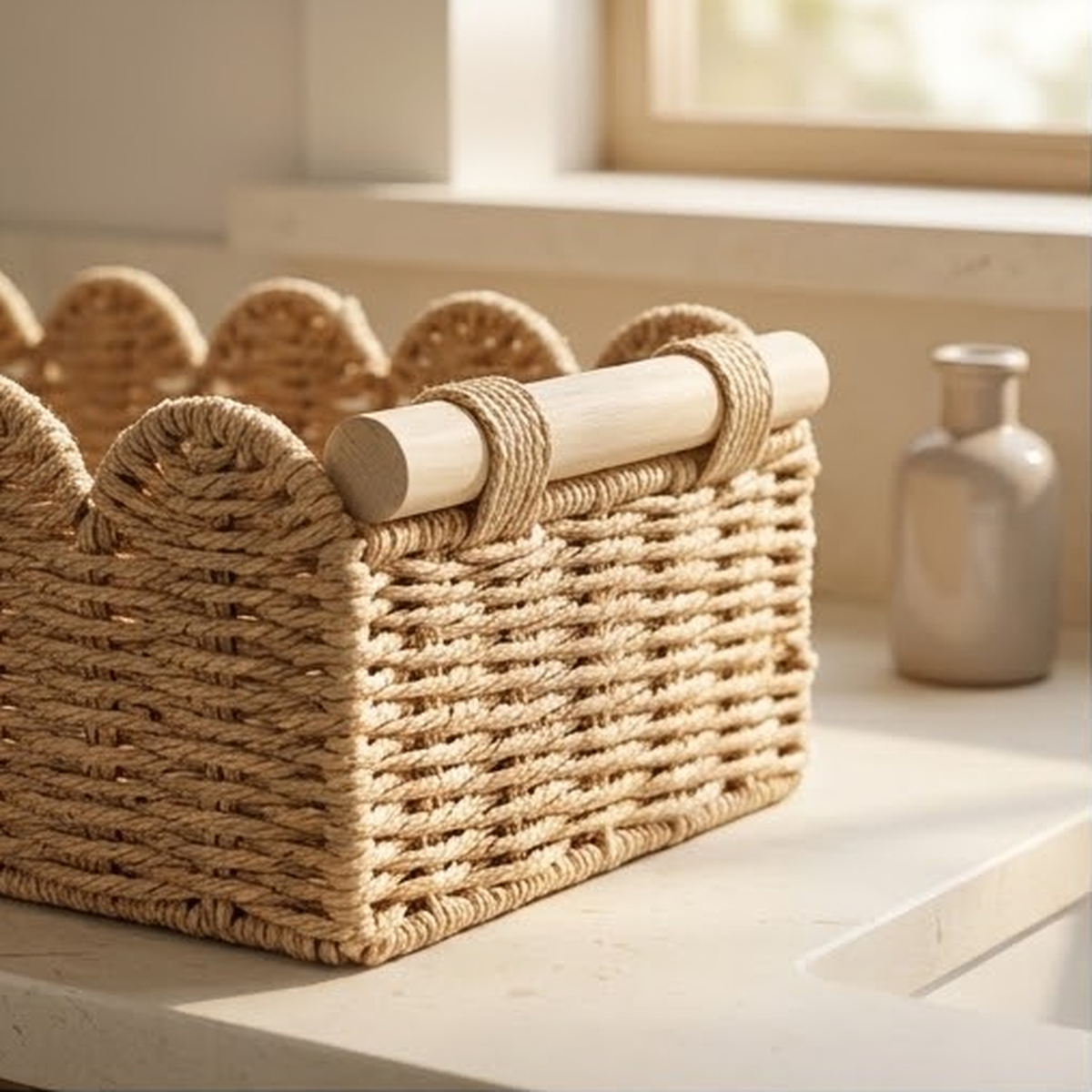 Close up of the scalloped top edge and the wooden handle lashed to the woven basket
