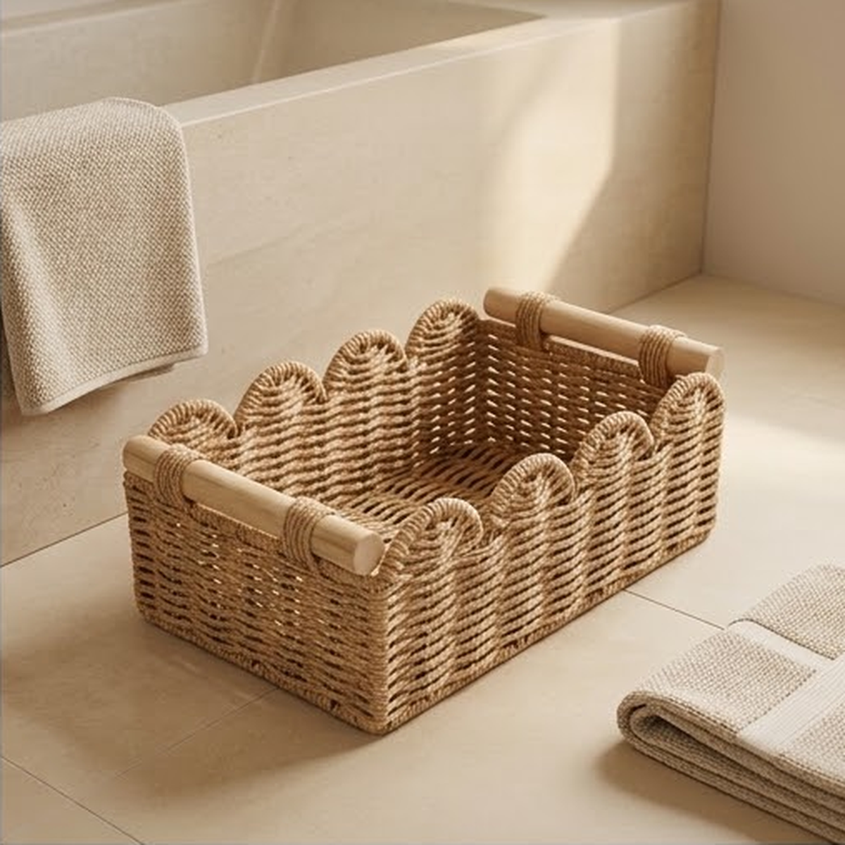 Scalloped storage basket on a stone bathroom counter next to a folded towel