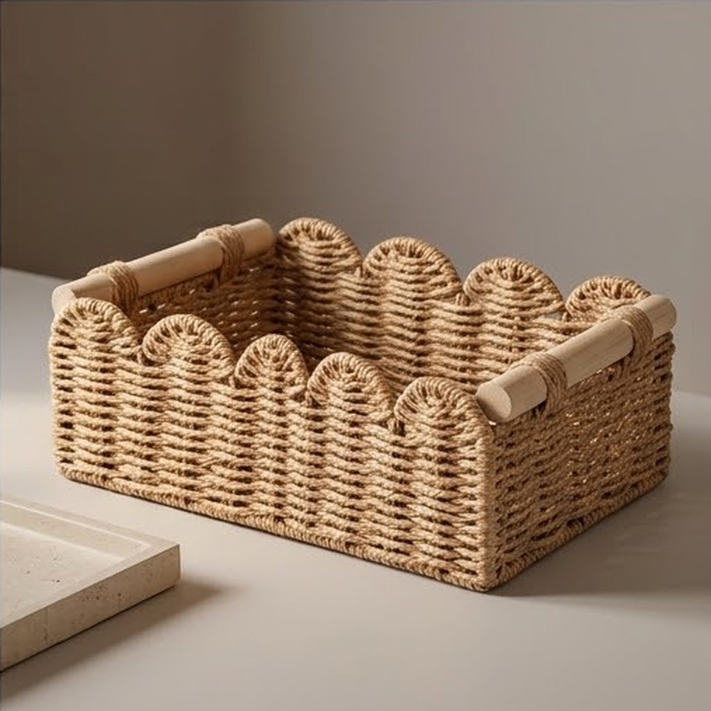 Scalloped woven basket with wooden handles on a plain white countertop
